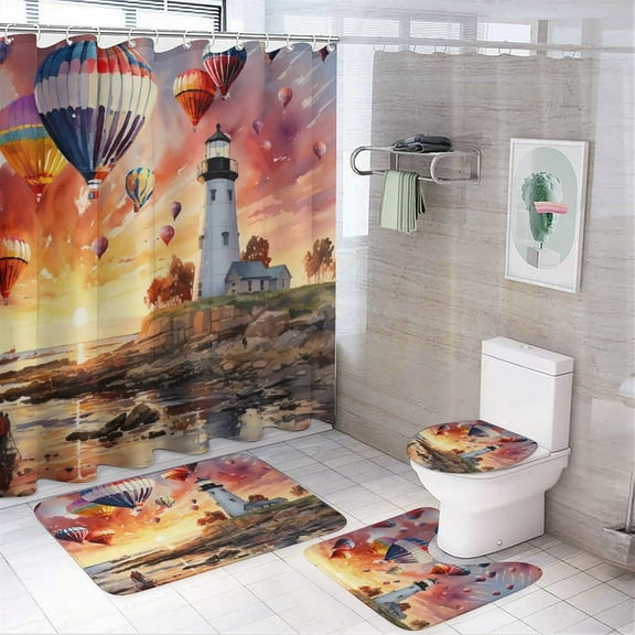 4 Pcs Colorful Fantasy Hot Air Balloon Shower Curtain Set,Watercolor Anime Cartoon Galaxy Hot Air Balloon Prints Bathroom Set Waterproof Toilet Cover Shower Mat Rugs
