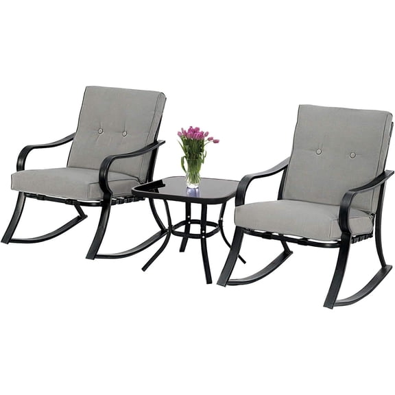 Betterland Outdoor 3-Piece Rocking Chairs Patio Bistro Sets, Glass-Top Coffee Table & Black Metal Patio Furniture with Thickened Cushions (Grey)