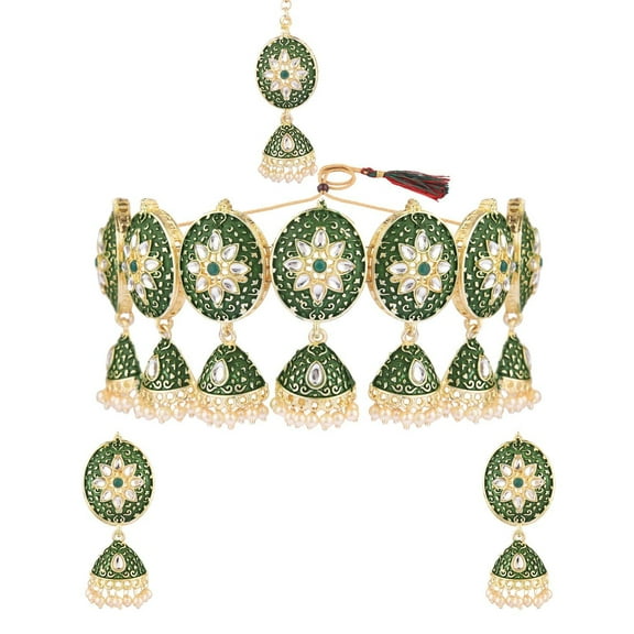 Efulgenz Antique Indian Jewelry Set Green Choker Kundan Crystal Faux Pearl Jhumki Tassel Necklace Jhumka Earrings with Maang Tikka Head Chain Jewelry Set for Women