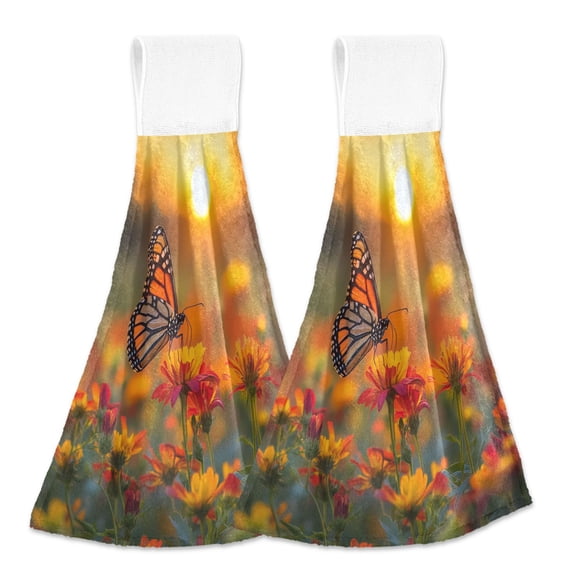 BZSMCE Hanging Hand Towels Fashion Sunset Butterfly Bliss Pattern 2-Pack - Velcro Style Bathroom Kitchen Towels