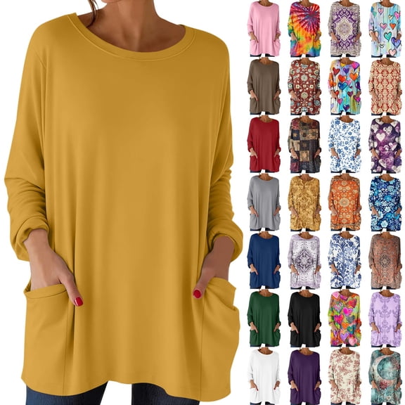 Ygbgbb Women's Loose Fit Summer Long Sleeve Tops Casual Elegant Flowy Crewneck Shirts Lightweight Daily Wear Blouses Solid Tunic Tops Yellow XL