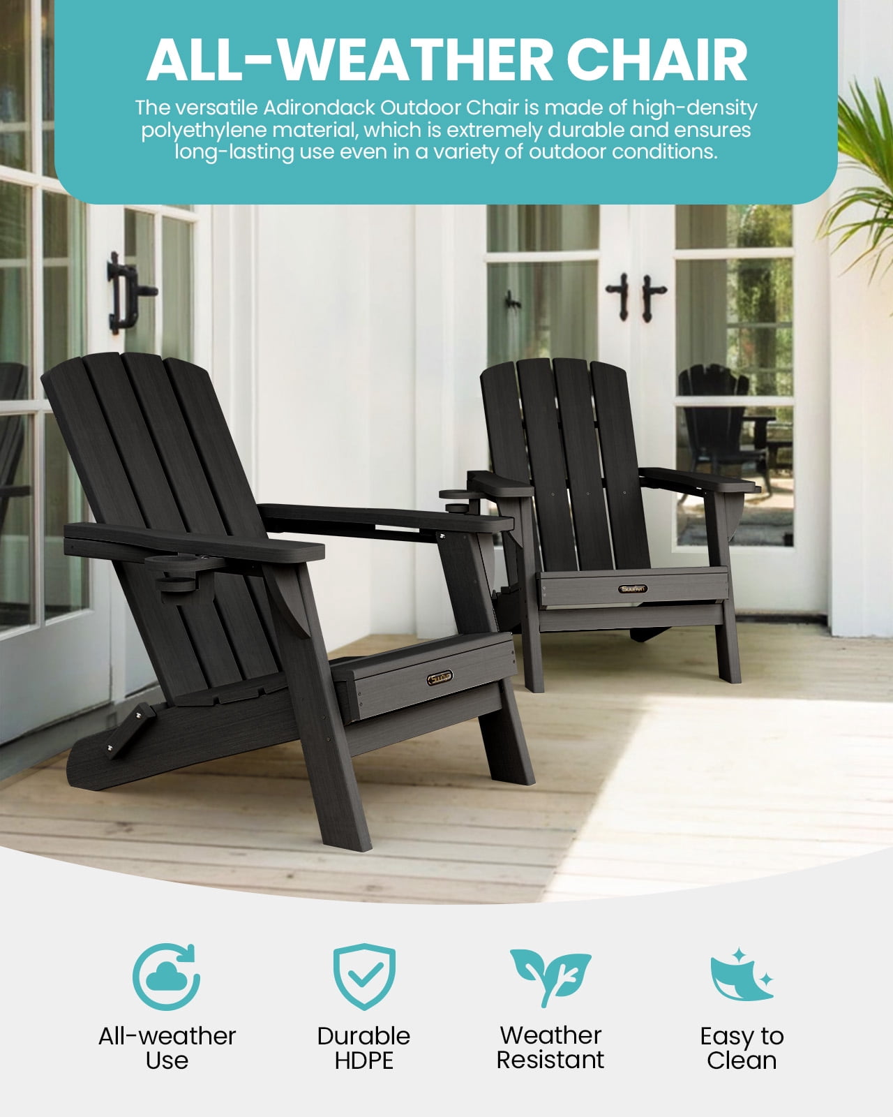 Folding Adirondack Chair set of 6, HDPE All-Weather Lawn Chair with 2 Cup Holder, Patio Garden Outdoors Fire Pit, Black
