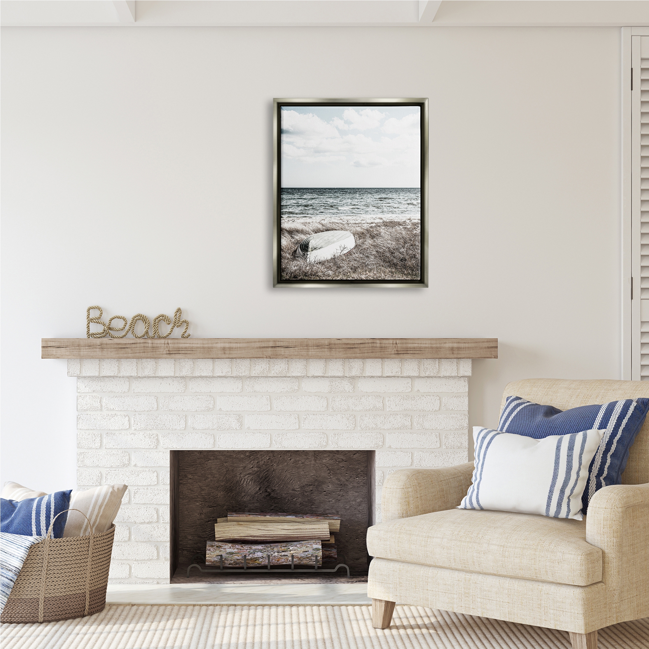 Stupell Industries Boat on Beach Coast Nature Photography Gray Floater Framed Art Print Wall Art, 25 x 31