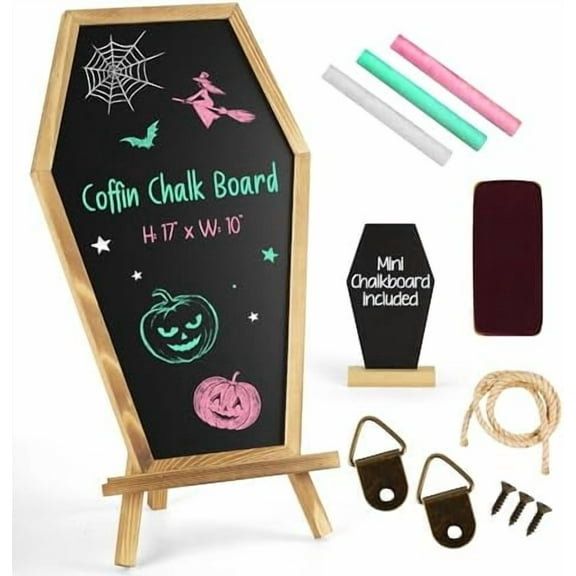 Coffin Chalk Board - Blackboard with Mini Coffin - Spooky 17x10.5 inches - Eraseable Letter Board for Gothic Wedding & Halloween Decor