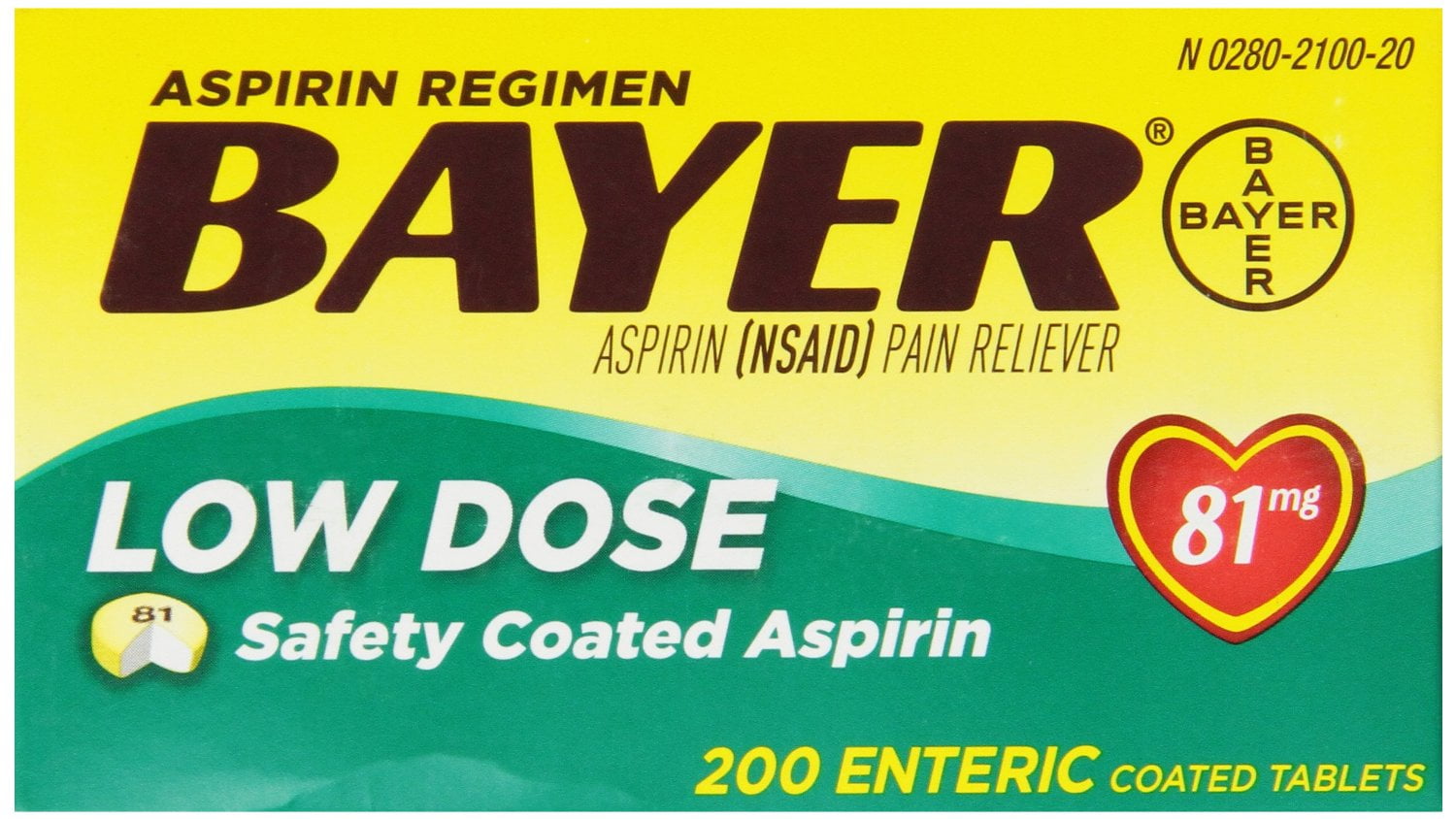 2 Pack BAYER Low Dose Aspirin Pain Reliever, 81mg Enteric Coated, 200