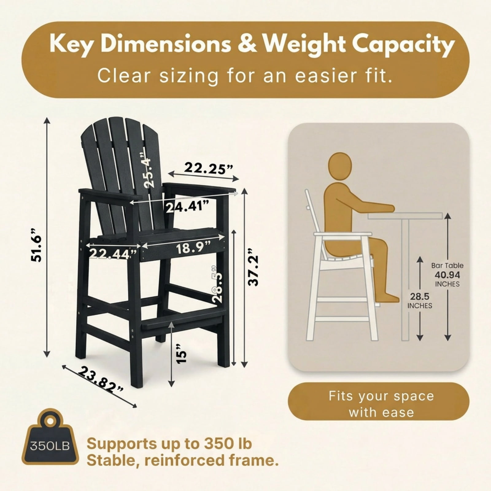 Bar Height Adirondack Chair with Cup Holder, Outdoor Patio HDPE Bar Chair with Armrests, Ergonomic High Back Chair for Deck, Porch, Backyard