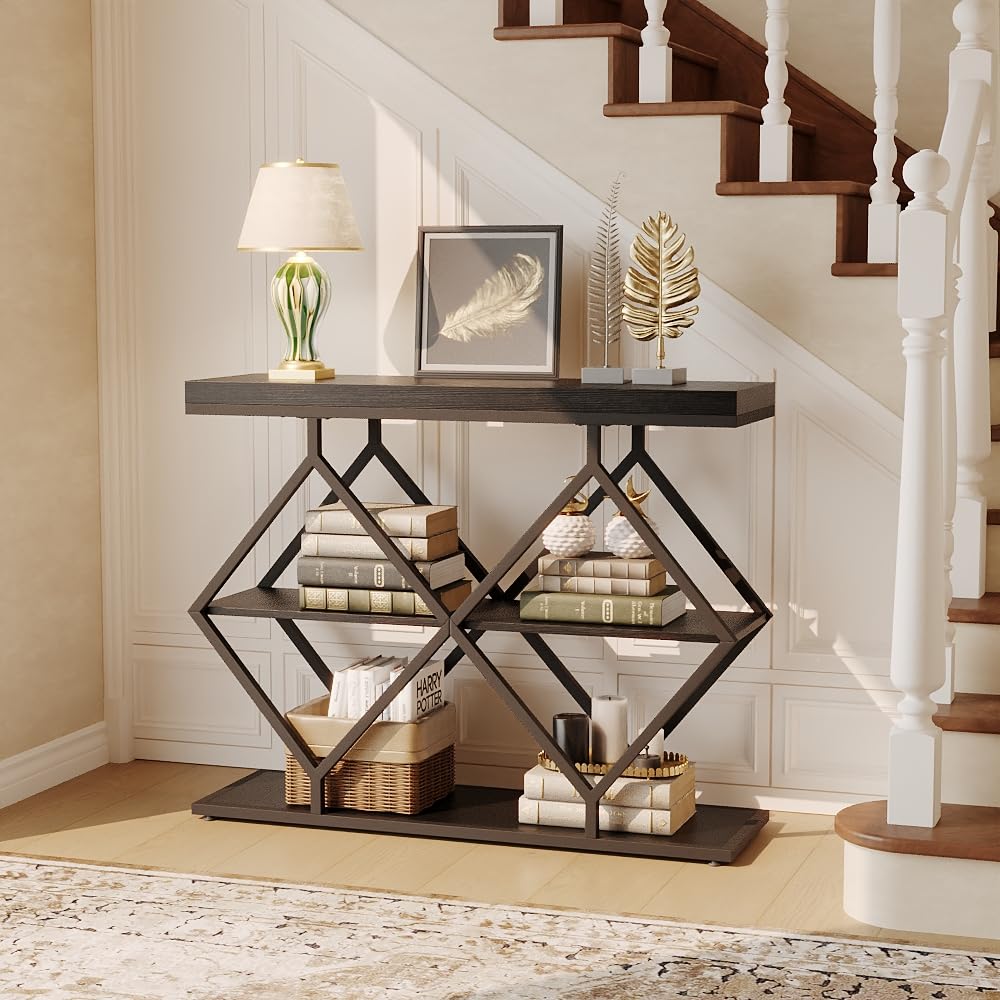 Litake 3-Tier Entryway Table, Industrial Console Sofa Table with Storage, Accent Table with Open Shelves, Diamond-Shaped Metal Frame, Foyer Table for Entryway, Hallway, Black