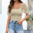 thumbnail image 2 of Women Fashion Solid U Neck Short Puff Sleeve Shirt Blouse Loose Tunic Top, 2 of 2