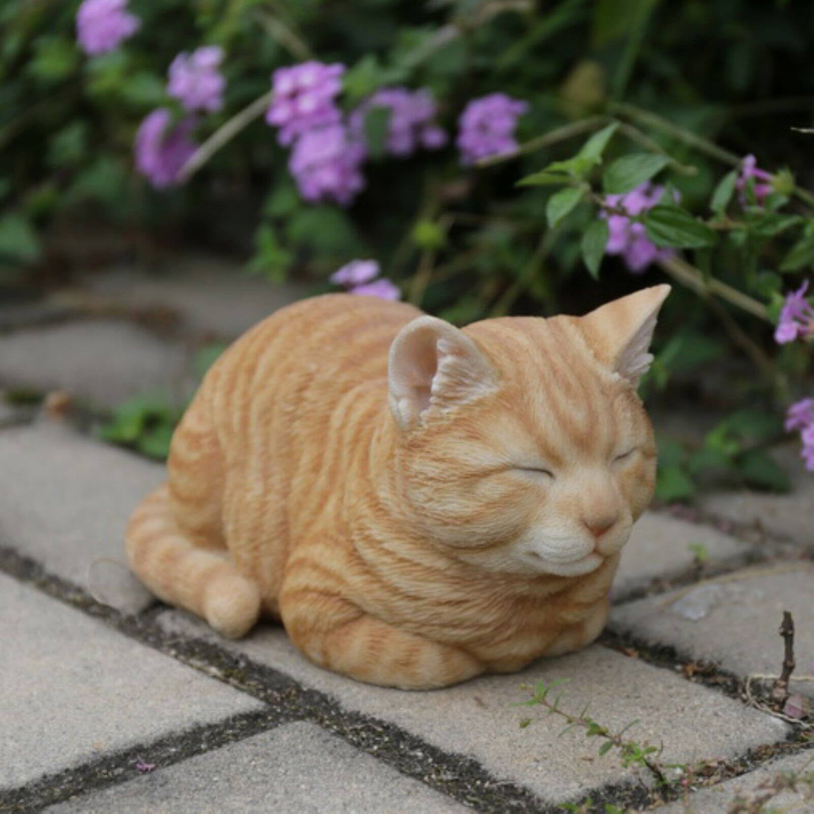 NEW Sleeping Orange Tabby Cat Figurine  Life Like Figurine Statue Home Garden 
