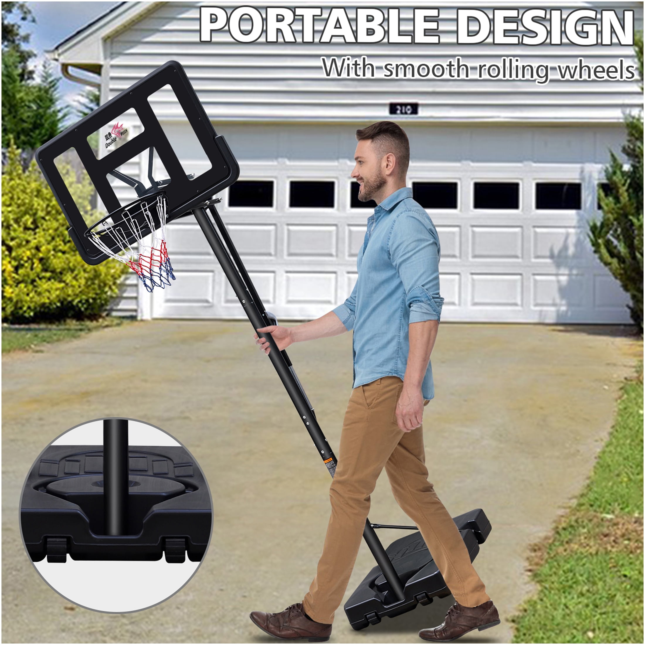 JERFIT 44" Portable Basketball Hoop System, Adjustable Height 7.5-10 ft, Stable Fillable Base with Wheels for Outdoor, Indoor, Backyard, Pool Use