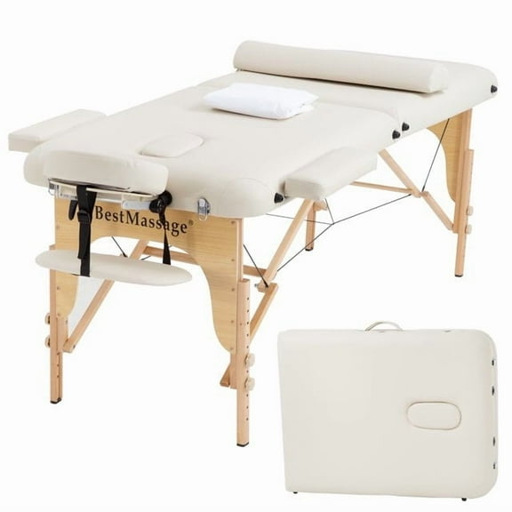 BestMassage 84” Length PU Portable Foldable Waterproof Height Adjustable Spa Bed with Non-Woven Bag,Cream