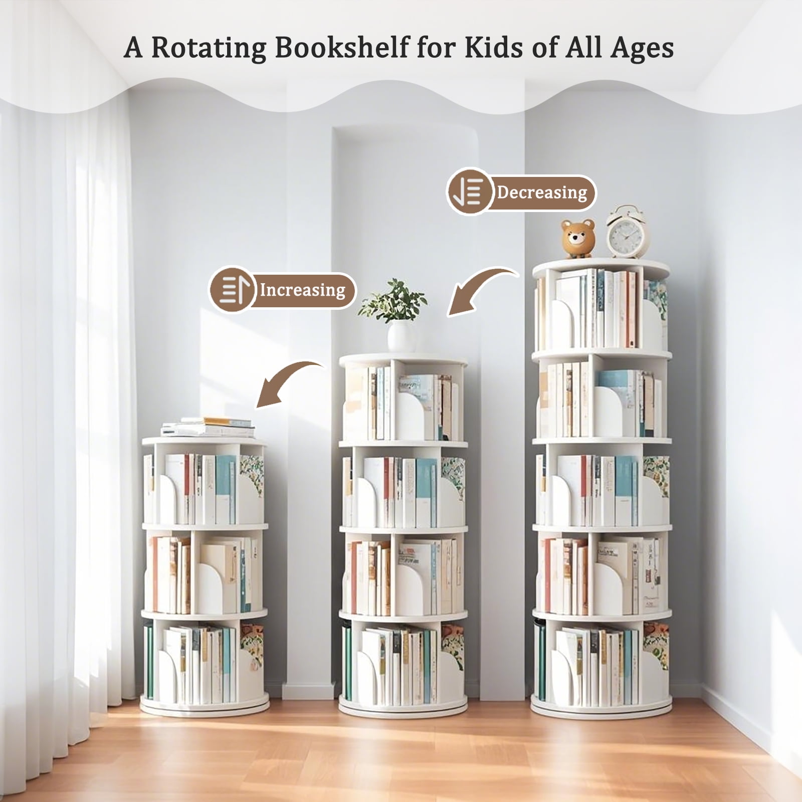 Miniyam 360 Rotating Bookshelf, White Bookcase for Bedroom, Living Room and Small Spaces