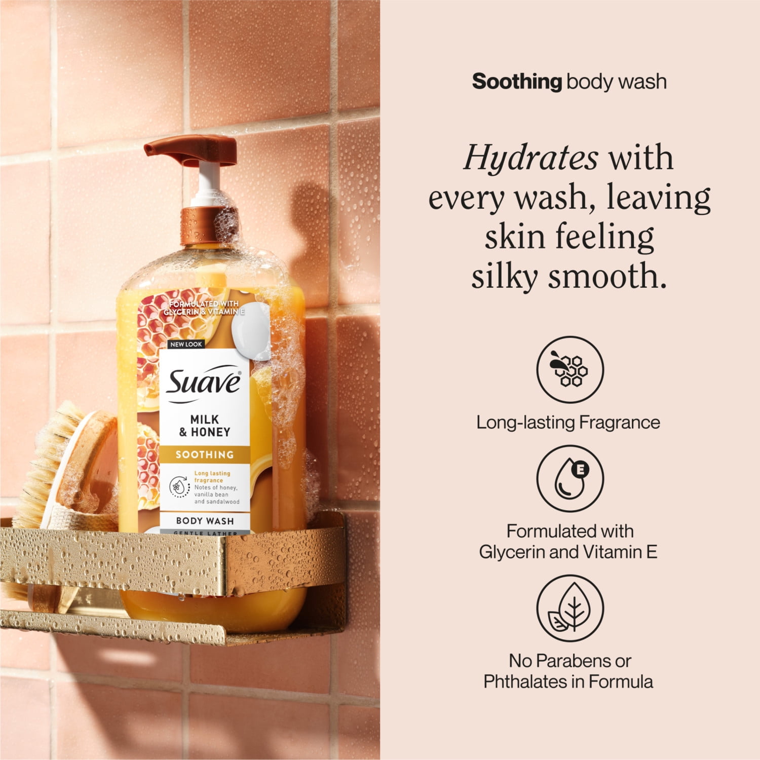 Suave Milk & Honey Moisturizing Body Wash with Glycerin & Vitamin E, 30 FL OZ Pump