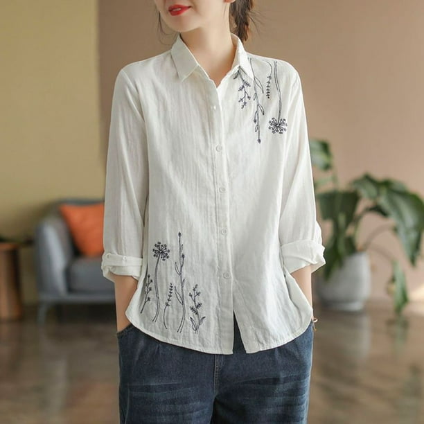 MHFRRA Camisa de Manga Larga con Bordado Floral para Mujer, Blusa Minimalista Holgada Blanco
