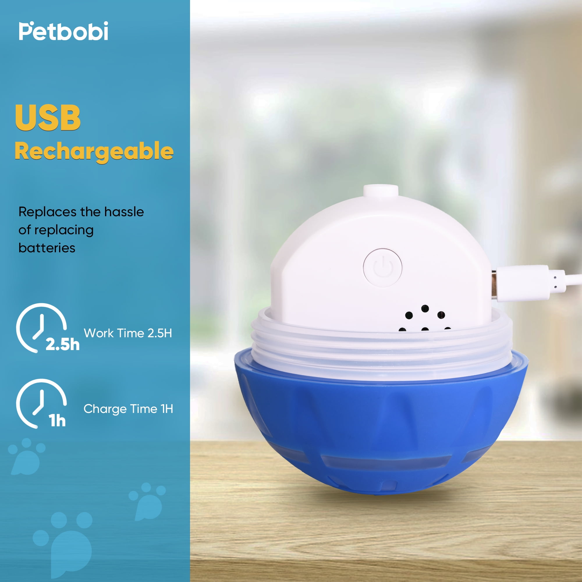 Petbobi Interactive Toy Dog Ball, Active Rolling Ball for Dogs with Flashing LED Light, Moving Bouncing Toys Ball for Medium Large Dogs, USB Rechargeable, Blue