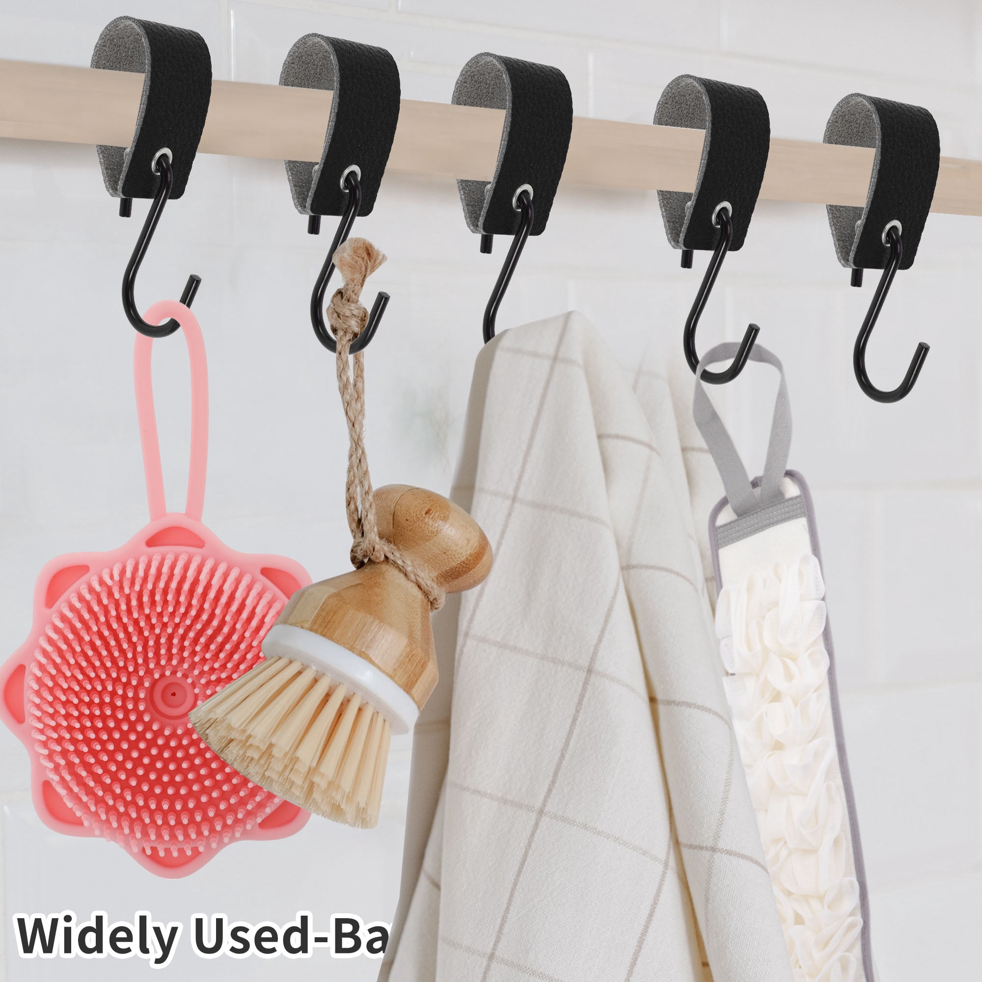 Unique Bargains Pack of 5 S Hooks with Leather Loop for Wardrobe Black