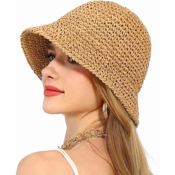 Kukuzhu Women Sun Hat Hand-Woven Packable Beach Bucket Hat Summer Floppy UV Protection Hats, Coffee