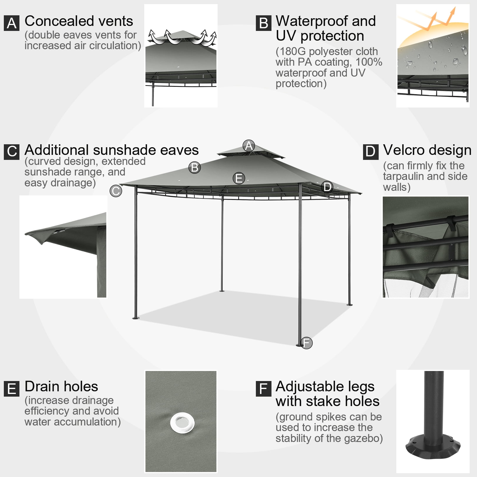 HOTEEL 10x10 Gazebos for Patios, Canopy Tent Outdoor Gazebo Backyard Gazebo Patio with Mosquito Netting and Double Roof for Party, Wedding, BBQ and EventQ, Gray