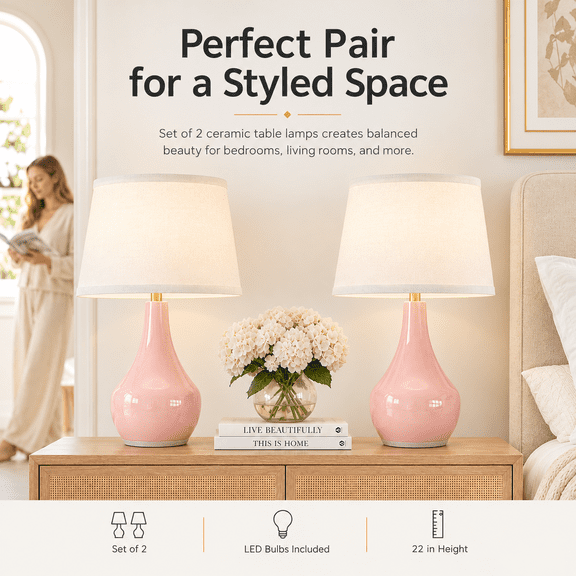 Lumadin Pink Table Lamp Set , Ceramic Table Lamp Classic Beside Lamp Modern Table Lamp for Living Room, Bedroom Office, Rocker Swtich (LED Bulbs Included)