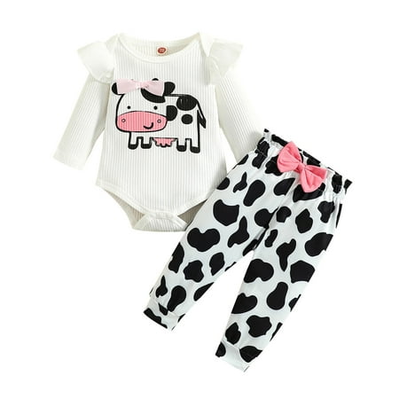 

Toddler Girls Outfit Autumn Baby Boys Cute Clothes Sets Cow Printing Long Sleeve Ribbed Bow Romper Pants Set