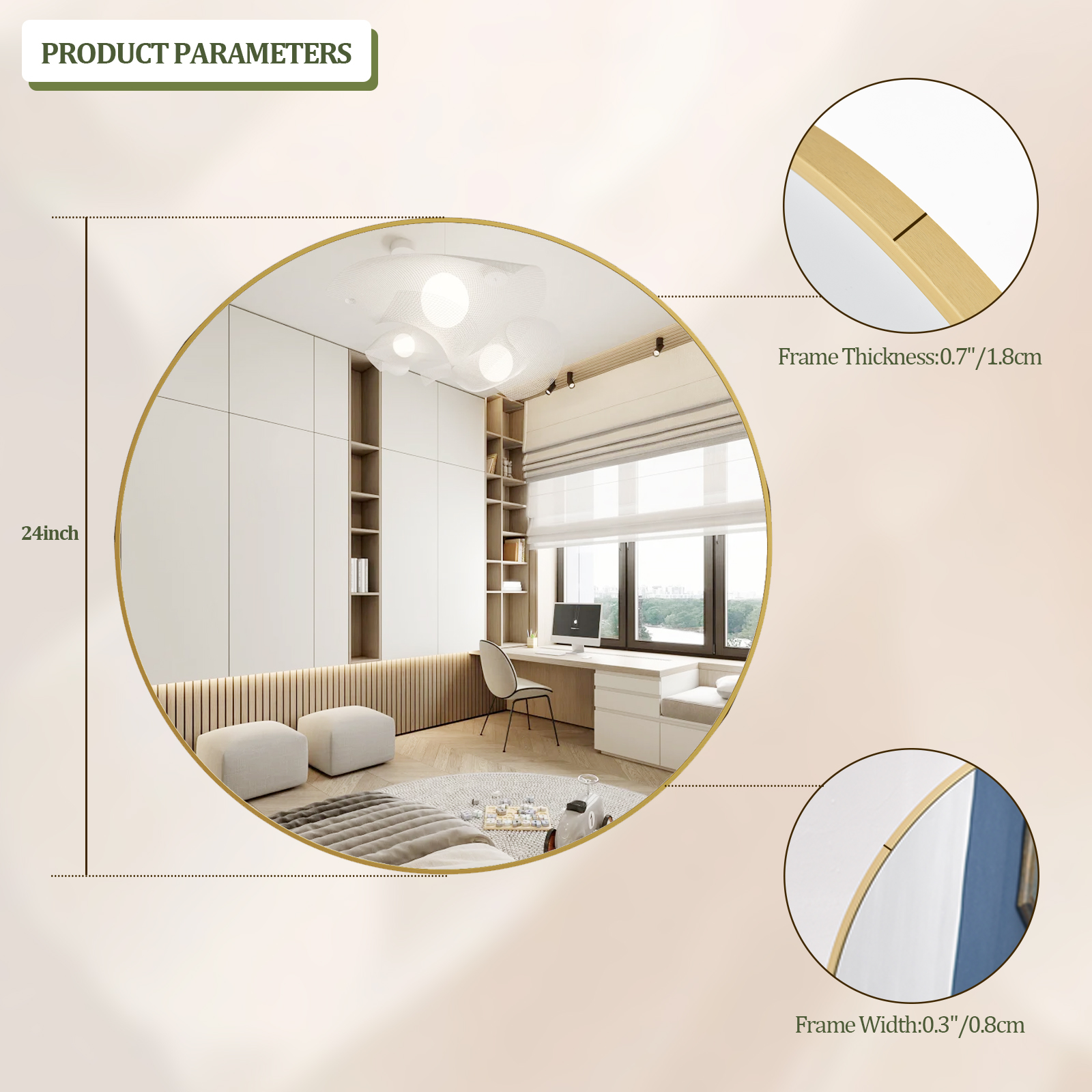 GRAHMCY 24" Round Bathroom Mirror Wall Mirror With Simple Metal Frame, Gold