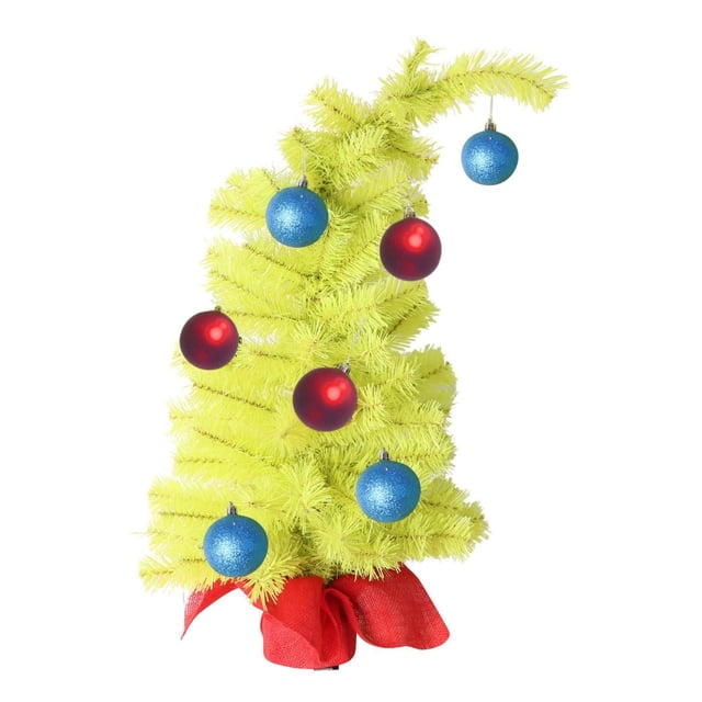 Arbre de Noël Artificiel Jaune Fantaisiste avec Ornements Rouges et Bleus, Design Courbé Unique, 24 Pouces, Décoration de Table pour les Fêtes, Bureau, Maison, Dortoir, Assemblage Facile, Durable, Pièce d'Accent Festive