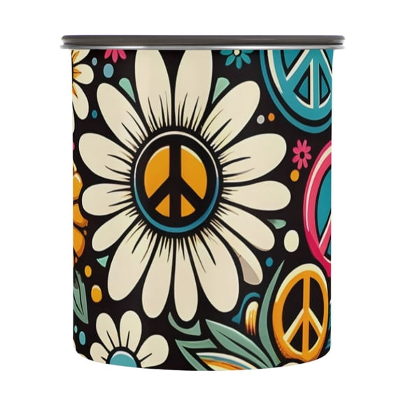 Daisy Flower Peace Vintage Airtight Coffee Bean Canister 30oz Food Storage Containers with Lids For Gournd, Tea, Sugar, Flour, Rice, Cereal, Candy Cookie Jar