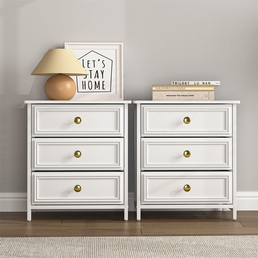 Kadyn Night Stand,Nightstands,Bedside Table,White Nightstand with 3 Drawers, Night Stand for Bedroom,Bedside Table with Fabric Bins, Leather Finish