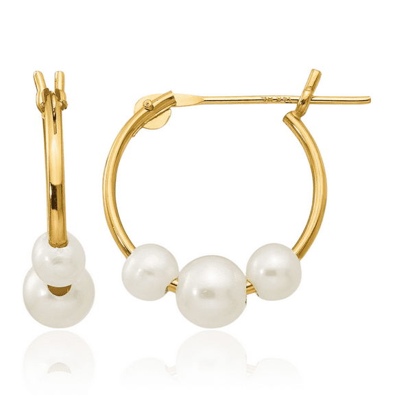 14K Solid Two Tone Yellow White Gold Round Freshwater Cultured 3 Pearl Small Hoop Earrings