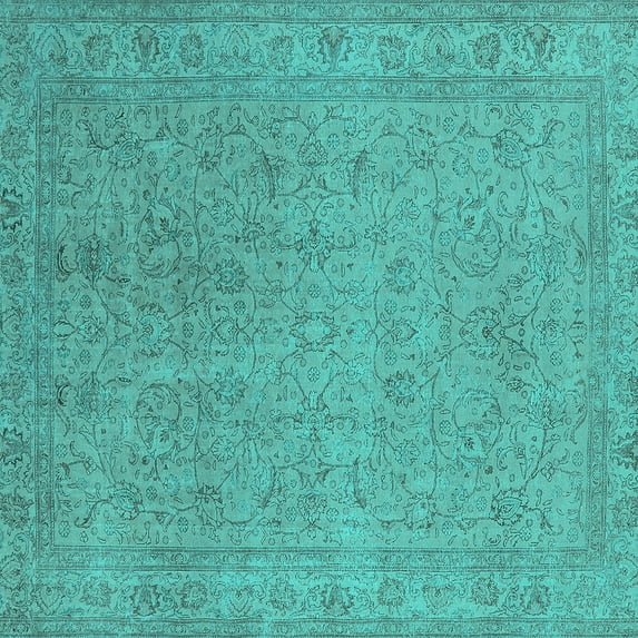 Ahgly Company Machine Washable Indoor Square Oriental Turquoise Blue Industrial Area Rugs, 7' Square
