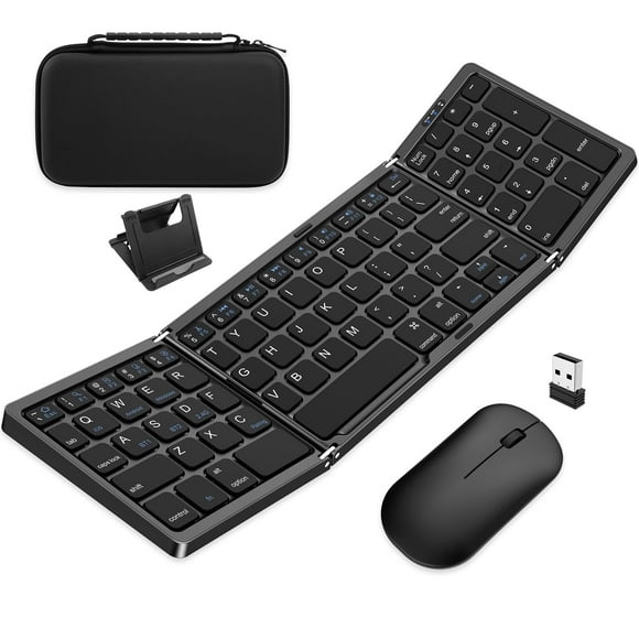 Foldable Keyboard and Mouse, EDJO Folding Wireless Keyboard Mouse Combo with Portable Case, Rechargeable 2.4G+Bluetooth Multi-Device Combo for Windows, iOS, Android, MacOS PC/Laptop/Tablet