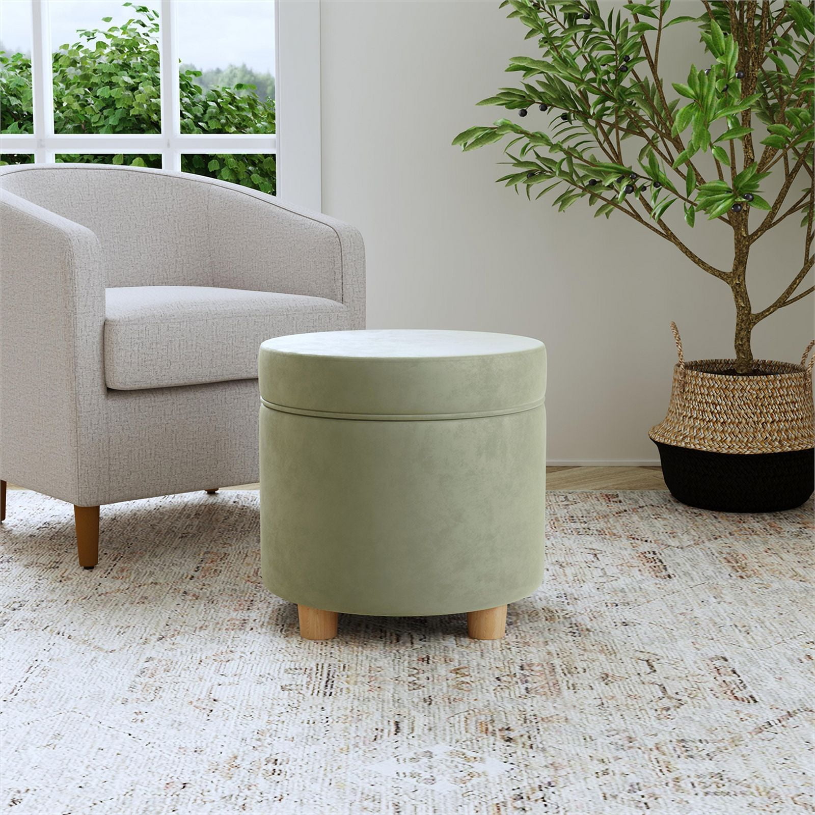 HomePop Round Storage Ottoman, Light Sage Green Velvet