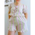 thumbnail image 4 of Yunliwuli Women Summer Shorts Outfits Floral Print/Patchwork/Stripe Tie-Up Short Sleeve Tops Elastic Waist Shorts 2 Pieces Clothes Set, 4 of 5