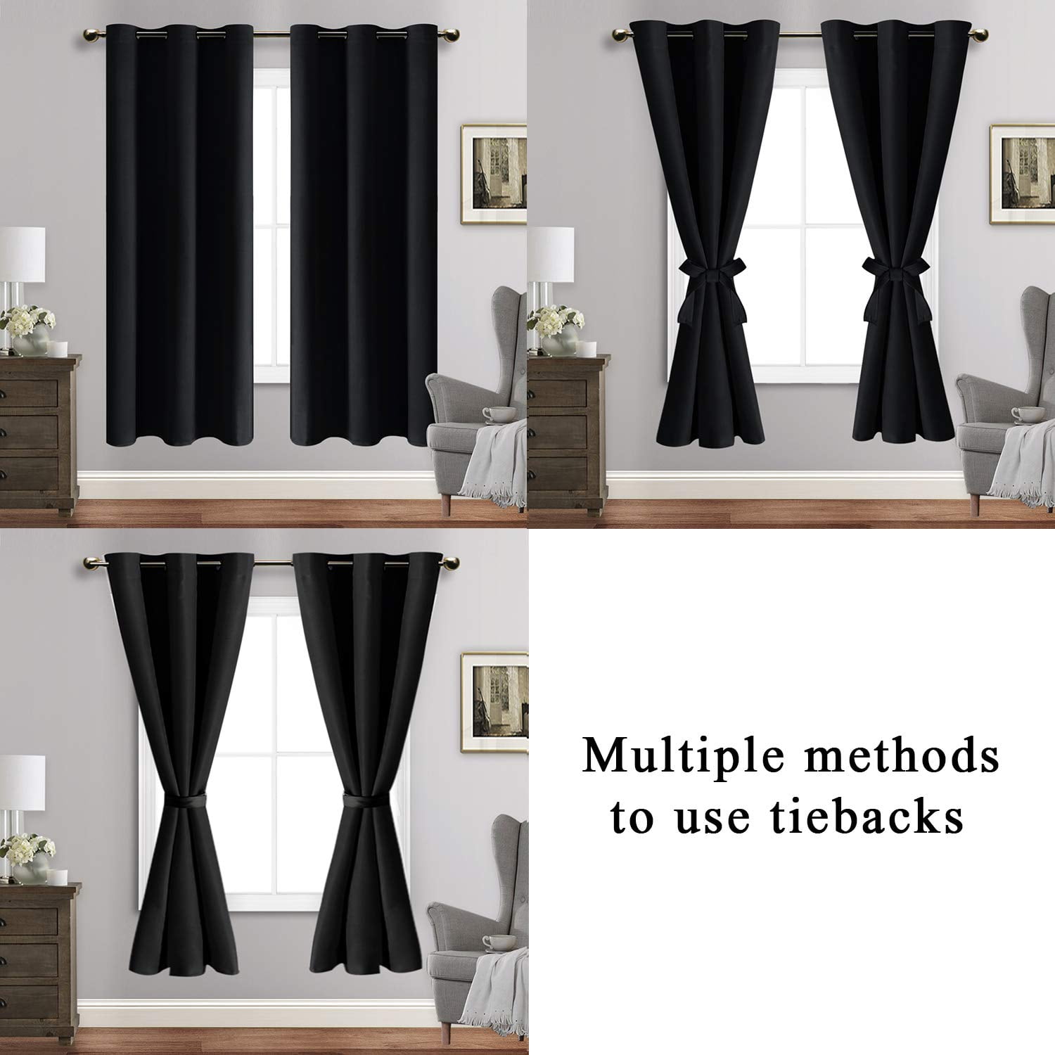 JIUZHEN Black Blackout Curtains for Bedroom Sewn with Tiebacks - Thermal Insulated Light Blocking Grommet Window Curtains for Living Room, 42 x 63 inch Length, Set of 2 Drape Panels