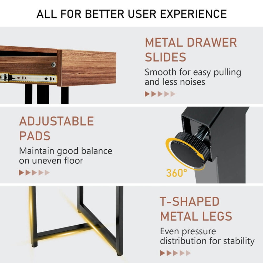 Demi Bonn 48" Computer Desk with Metal Frame and Adjustable Pads, Small Home Office Desk Study Writing Table, Walnut