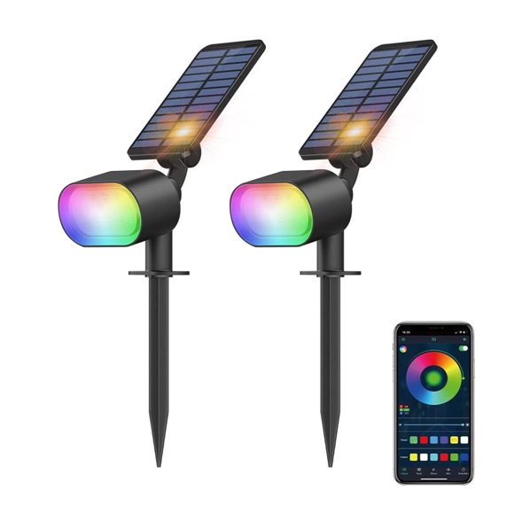 yeacher 2-Pack Solar-Powered Bluetooth RGB LED Ground Lights with App Control and Adjustable Brightness