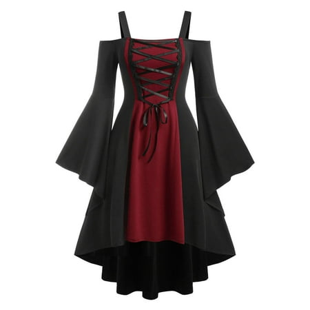 

WomenMedieval Costume Butterfly Sleeve Maxi Dress Cold Shoulder Steampunk Corset Hi-Lo Swing Gothic Clothes