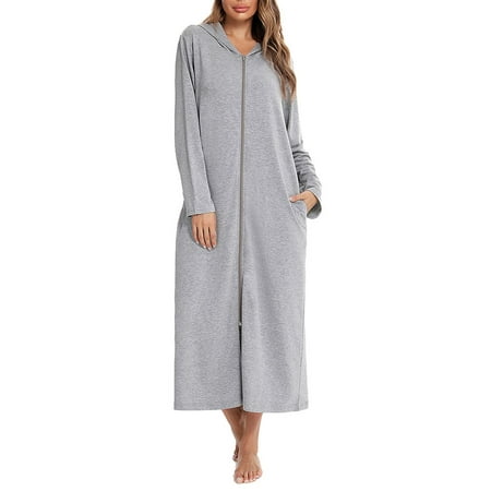 Hiheart Women's Hooded Long Sleeve Lounger Robe with Zip Full Length ...