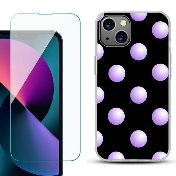 Slim-Fit Gel TPU Phone Case for iPhone 13 Mini, with Tempered Glass Screen Protector, by OneToughShield ® - Polka Dot / Purple