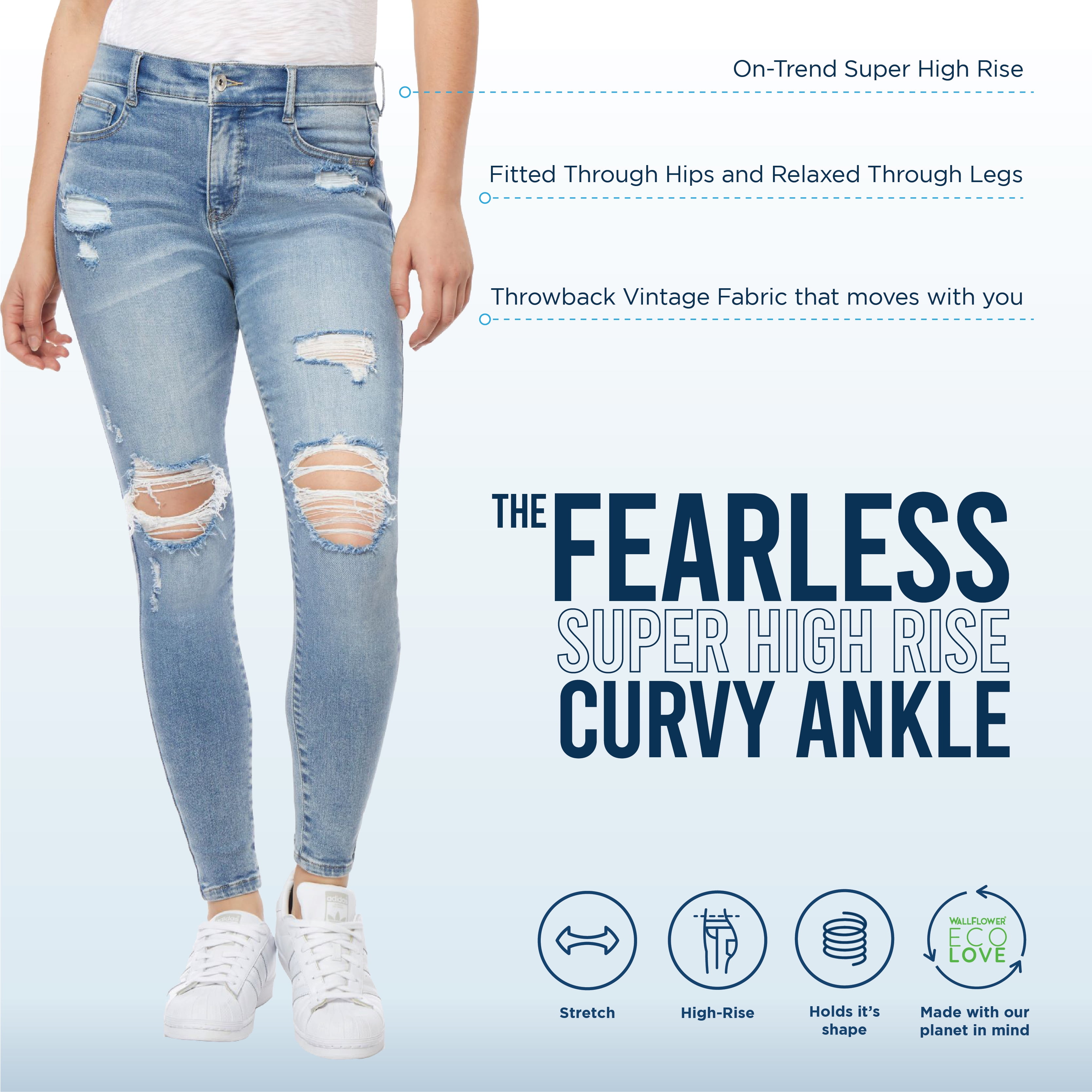 WallFlower Women's Fearless Curvy Ankle Denim Super High-Rise Insta Vintage  Juniors Jeans (Available in Plus Sizes)