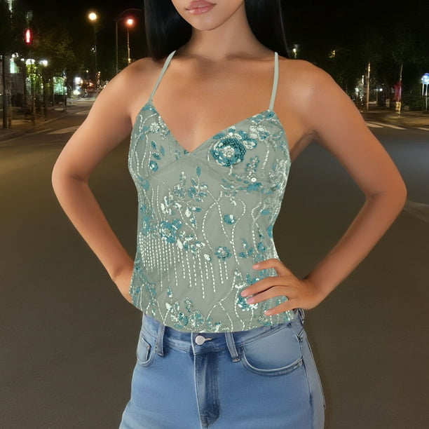 Heisall Womens Summer Camisoles Solid Color Embroidered Patches Beaded Back Tie Open Back Y2K Sexy Tops