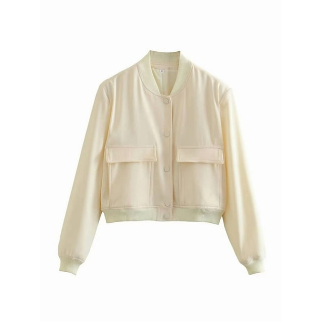 Women'S Button Down Bombers Jacket Drop Shoulder Short Cropped Coat Outwear Milky L