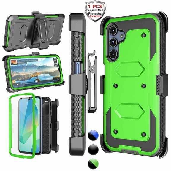 Samsung Galaxy A16 5G Case with Holster Clip [3-in-1 Rotating Belt Clip & Kickstand] Built-in Screen Protector, Shockproof Full-Body Cover, Wireless Charging Compatible – Green