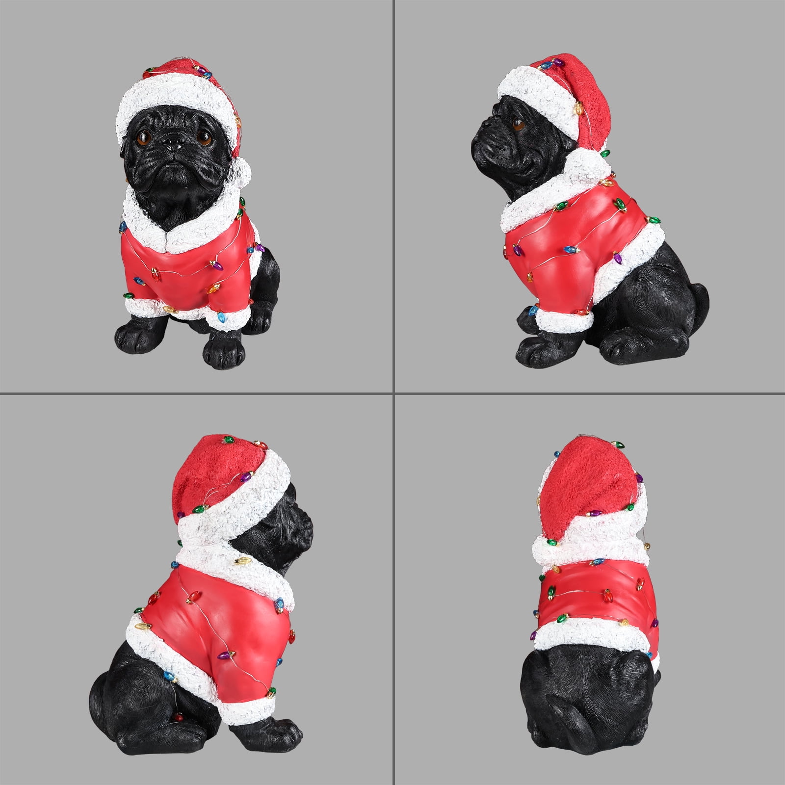 Pug Santa Outfit Christmas Dog Statue with Santa Hat Bulb Accents Holiday Tabletop Decor