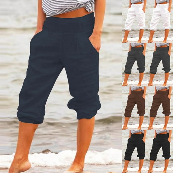 Utoimkio Cotton Linen Capri Pants for Women Casual Summer Casual Stretch Straight Leg Sweatpants High Waisted Cropped Yoga Sweat Pants for Women