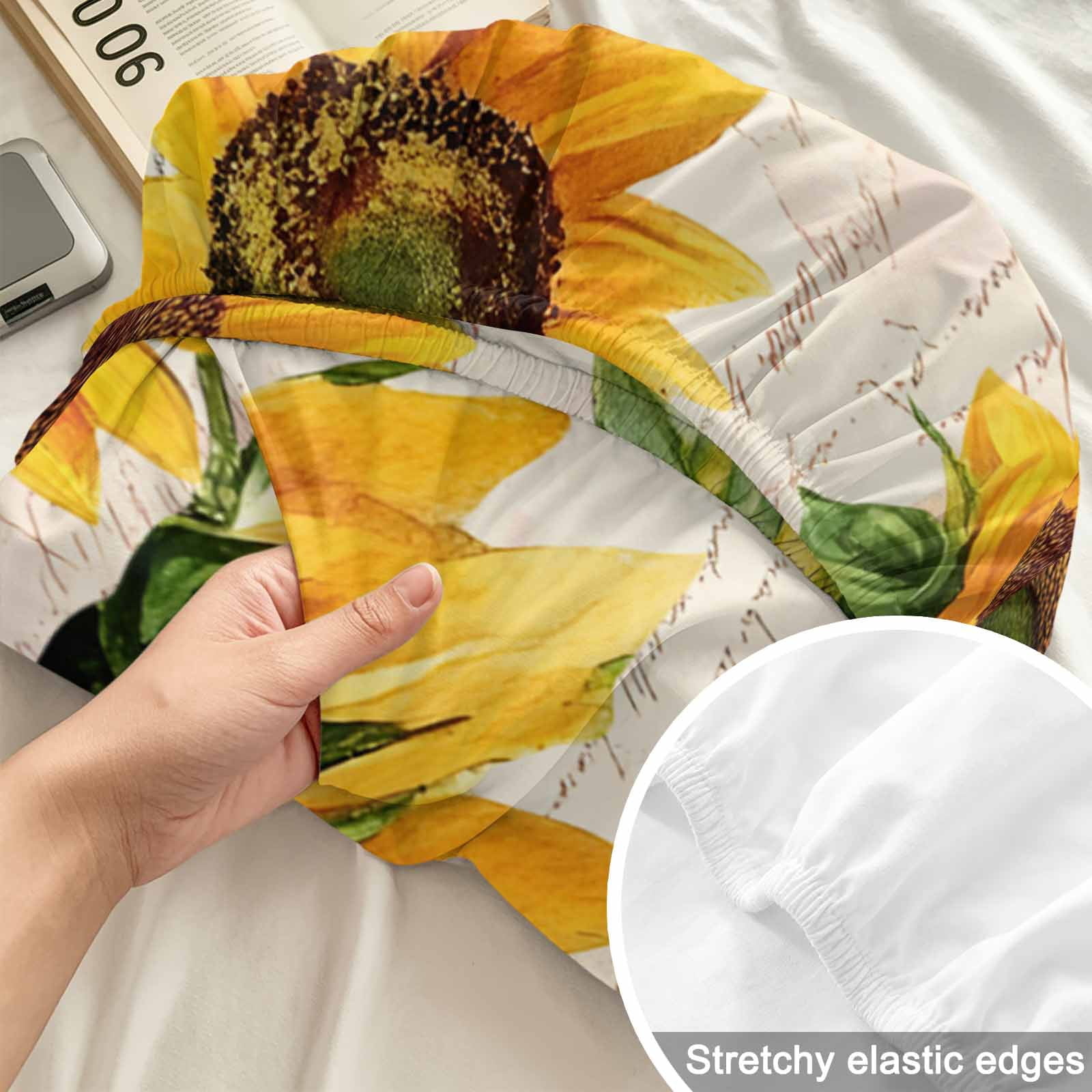Twin Sze Fitted Sheet Set - Sunflower Farmhouse 2 Piece Bedding Sets 16" Deep Pocket Fitted Sheet with 1 Pillowcase, Spring Summer Vintage Floral Bee Brushed Microfiber Hotel Luxury Bed Sheets