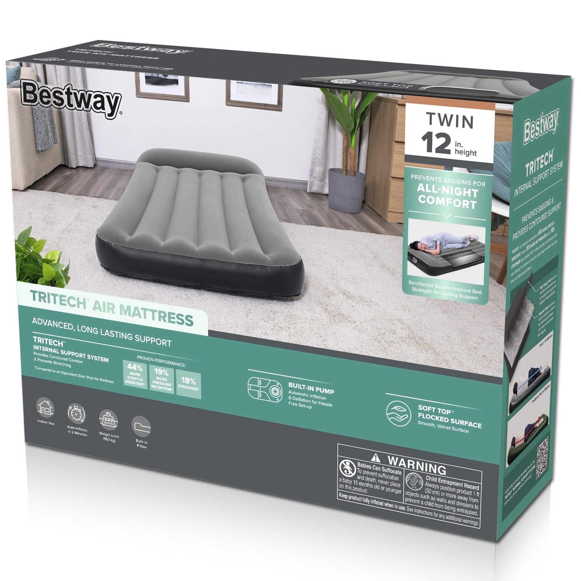 Bestway Tritech Air Mattress Twin 12” with Built-in AC Pump