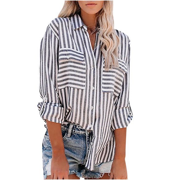 Chemise Rayée Bleue Femme Ample Fluide Boutonnée Blouse Chemise Manches Longues Col en V T-Shirts avec Poches