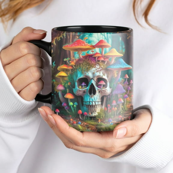 Lotusprinthandmade Skull with Mushroom Graphic Black Ceramic Mug (11oz) (Made In US), skeleton and mushroom coffee mug, skull mushroom graphic ceramic cup