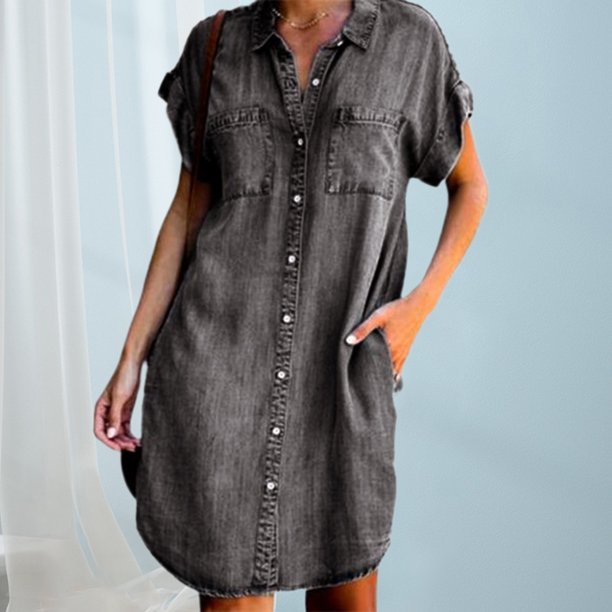 Vestido Vestido con botones para mujer Vestido de mezclilla desgastado de color sólido Vestido de desplazamiento diario Ygjytge Gris T XXL para Mujer